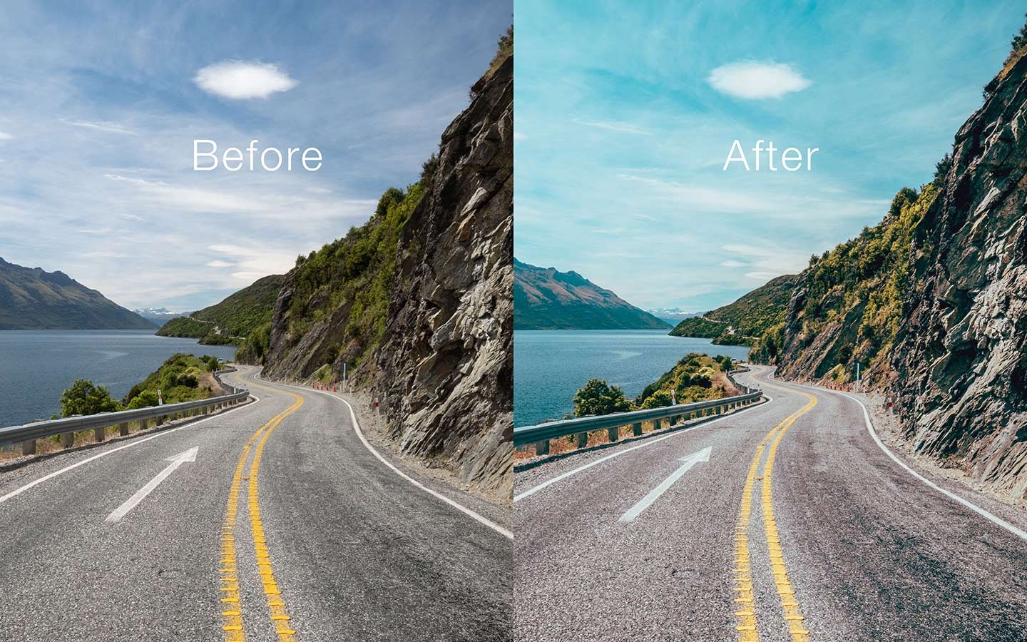 A before and after of the Atacama preset.