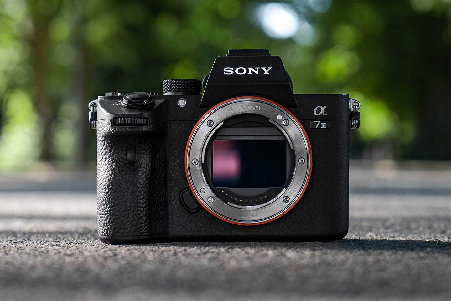 A Sony mirrorless camera is pictured on the ground without the lens on. This means you can see inside of the camera and you can see what the sensor on the inside of the camera looks like.