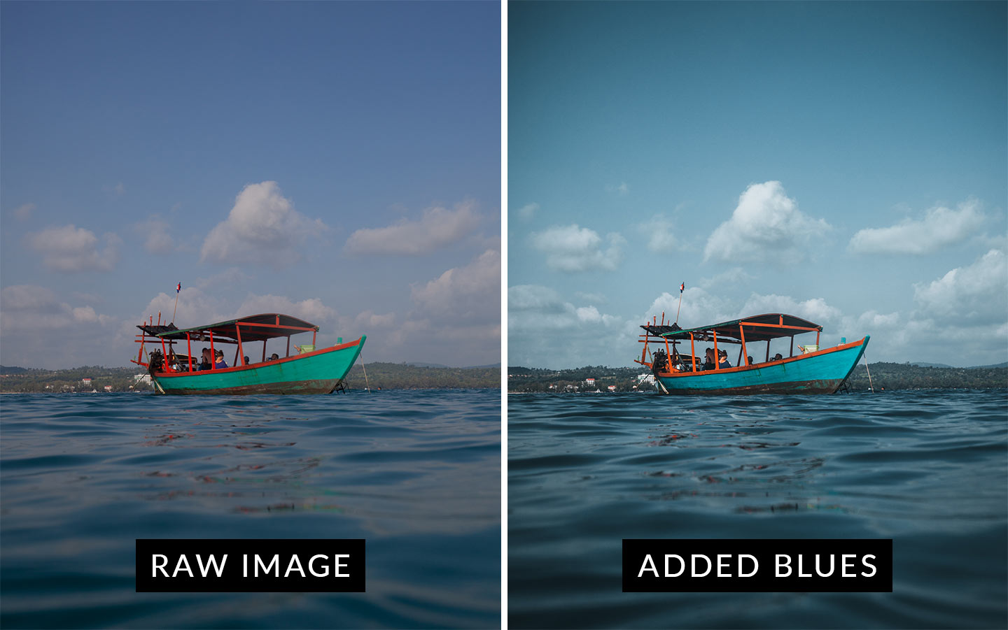 A before and after comparison showing the Added Blues preset which is included in this moody Lightroom presets package.