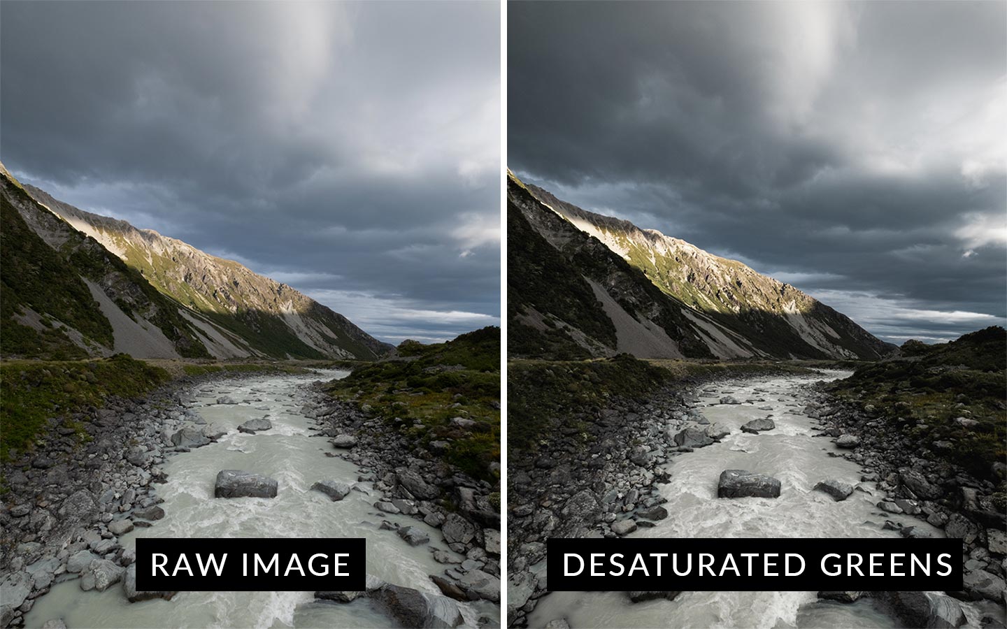A before and after comparison showing the Desaturated Greens preset which is included in this moody Lightroom presets package.