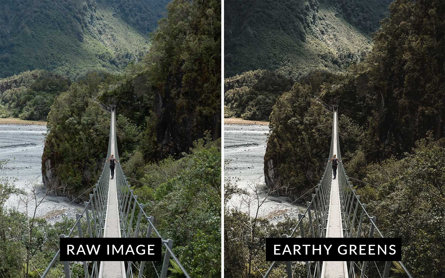 A before and after comparison showing the Earthy Greens preset which is included in this moody Lightroom presets package.
