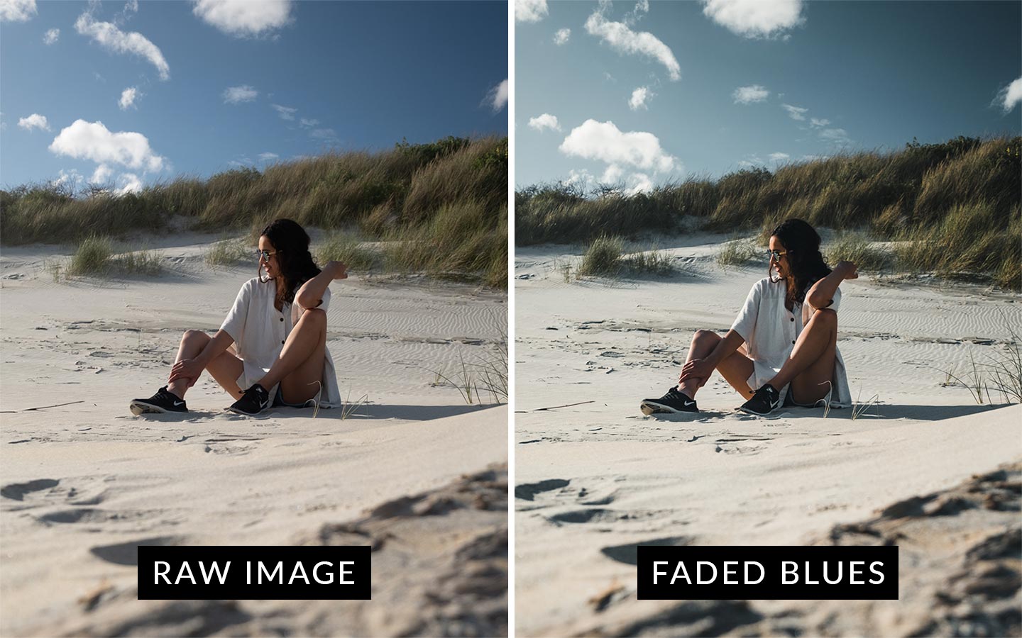 A before and after comparison showing the Faded Blues preset which is included in this moody Lightroom presets package.