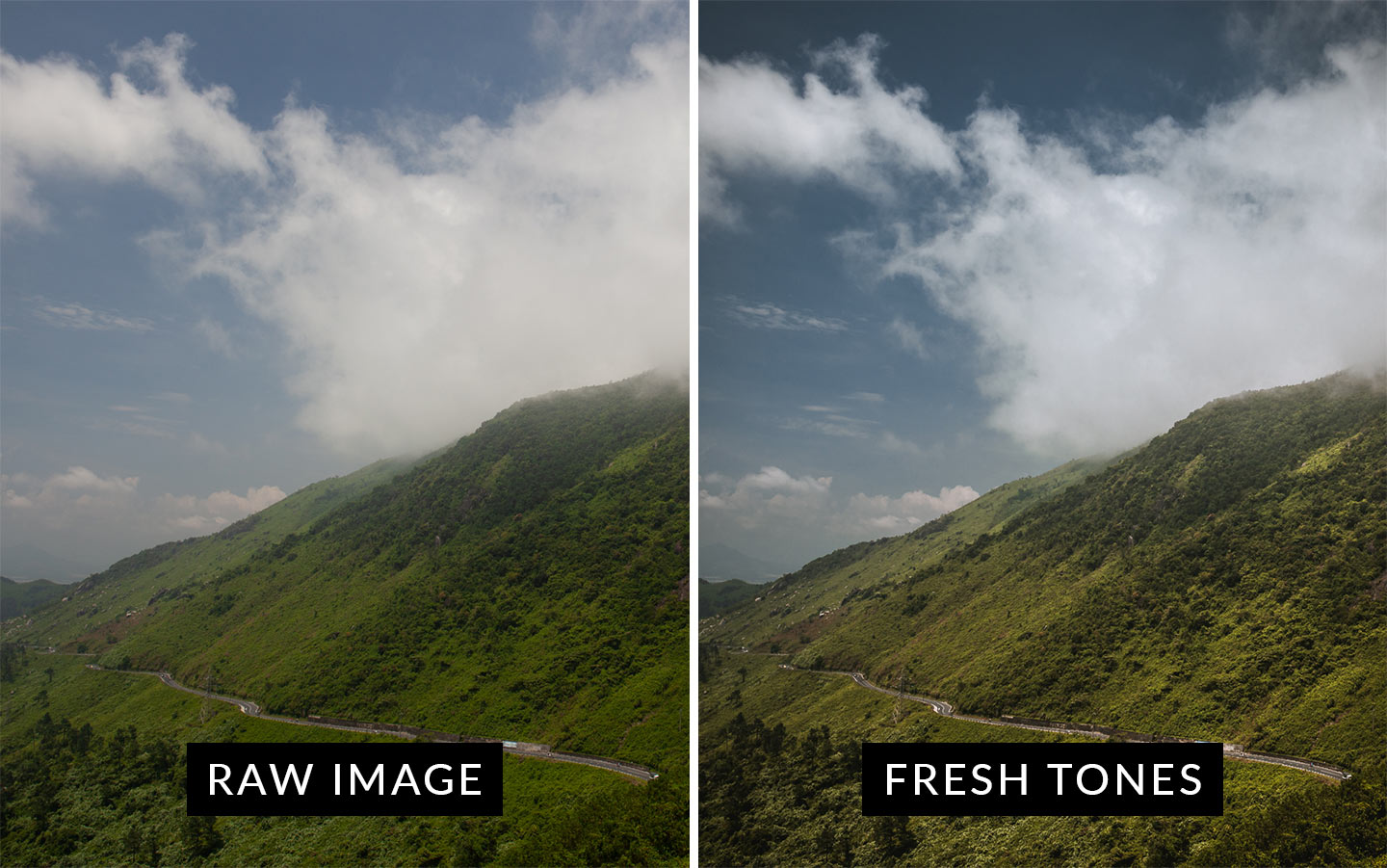 A before and after comparison showing the Fresh Tones preset which is included in this moody Lightroom presets package.