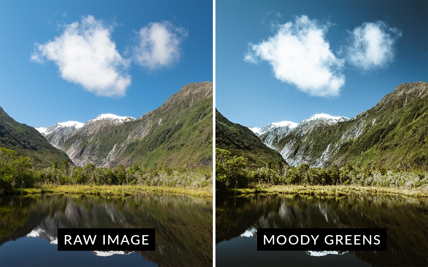 A before and after comparison showing the Moody Greens preset which is included in this moody Lightroom presets package.
