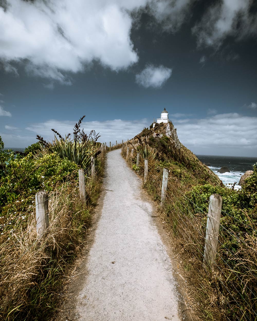 A footpath leads to a lighthouse, the path is flanked lots of green overgrown plants and grass. This image has been edited using the Sharp Desaturated Vibes preset which is included as part of the moody Lightroom presets package.
