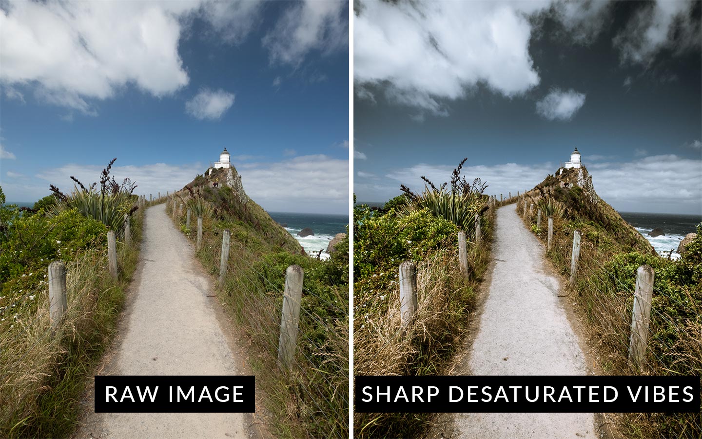 A before and after comparison showing the Sharp Desaturated Vibes preset which is included in this moody Lightroom presets package.