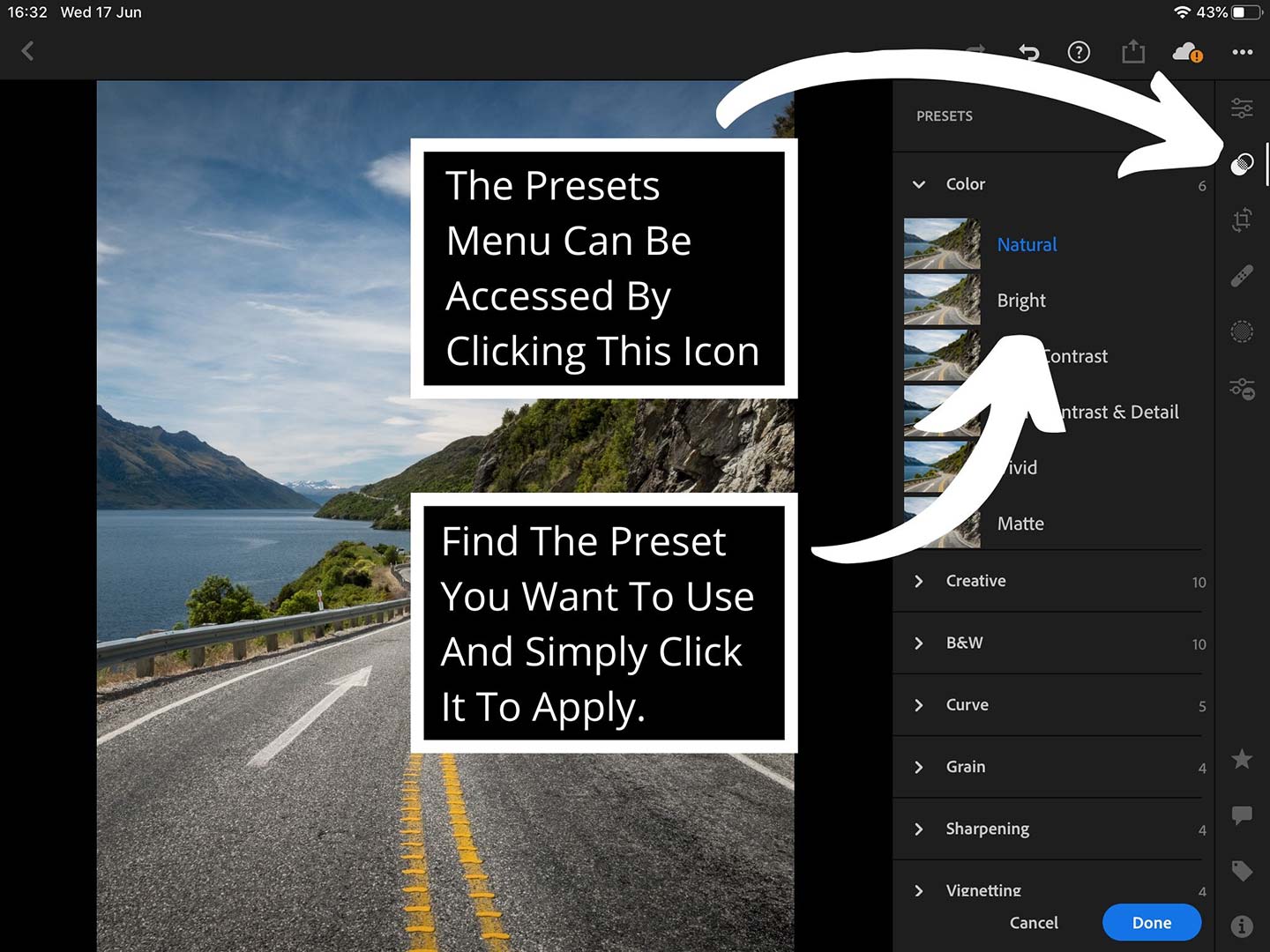 A printscreen that demonstrates how to apply a preset using the Lightroom mobile application an important part of this Lightroom presets guide.