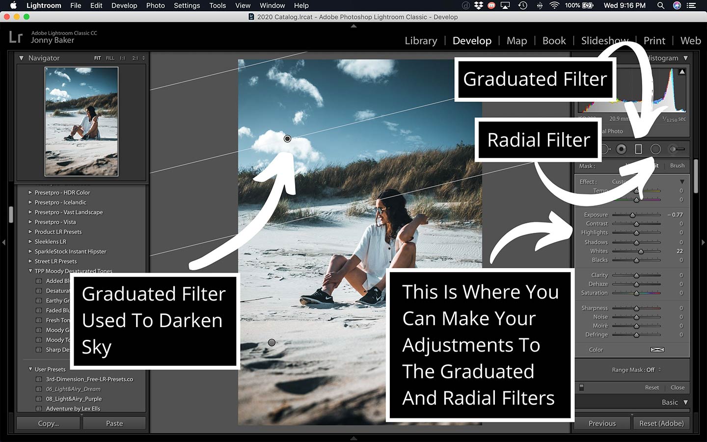 This printscreen from the desktop program shows how to add filters to your photos in addition to your presets a great little tip from this Lightroom presets guide.
