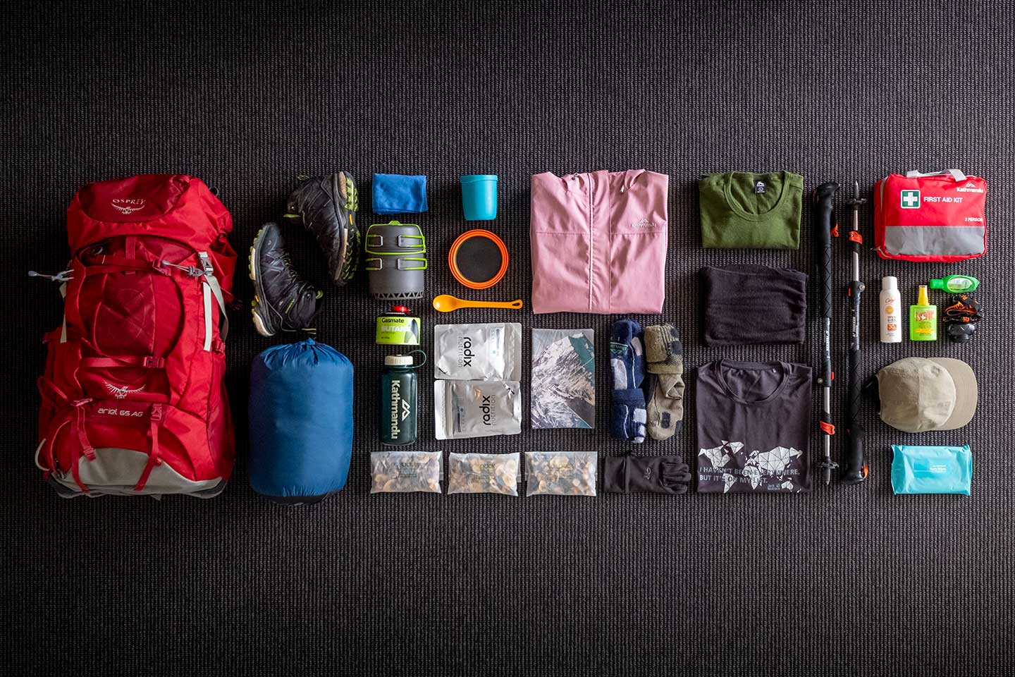 The contents of a trampers bag laid out on the floor.